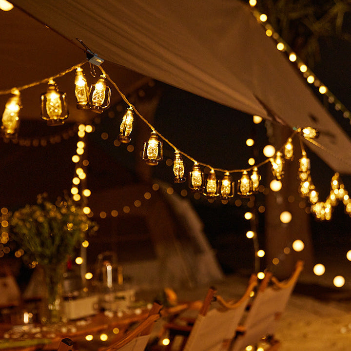 Decorative string lights with nostalgic lanterns