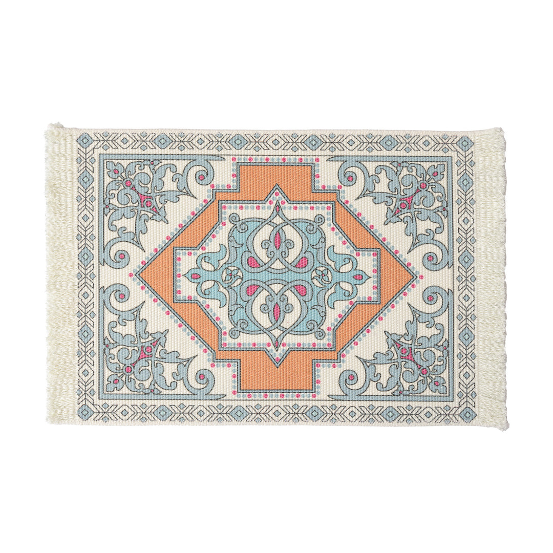 Rectangular short-pile rug in oriental medallion design with fringes