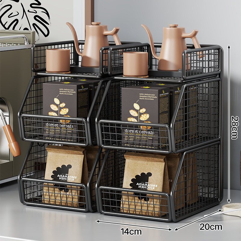 Stackable Two-Tier Wire Mesh Countertop Pantry Organizer with Tilt-Front Bins