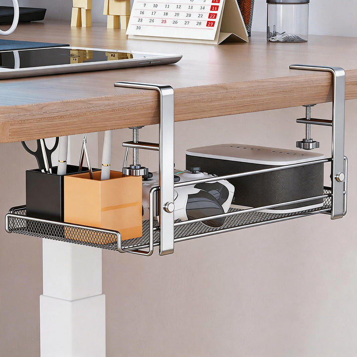 Clamp-Mounted Expandable Under-Desk Cable & Power Strip Tray Organizer