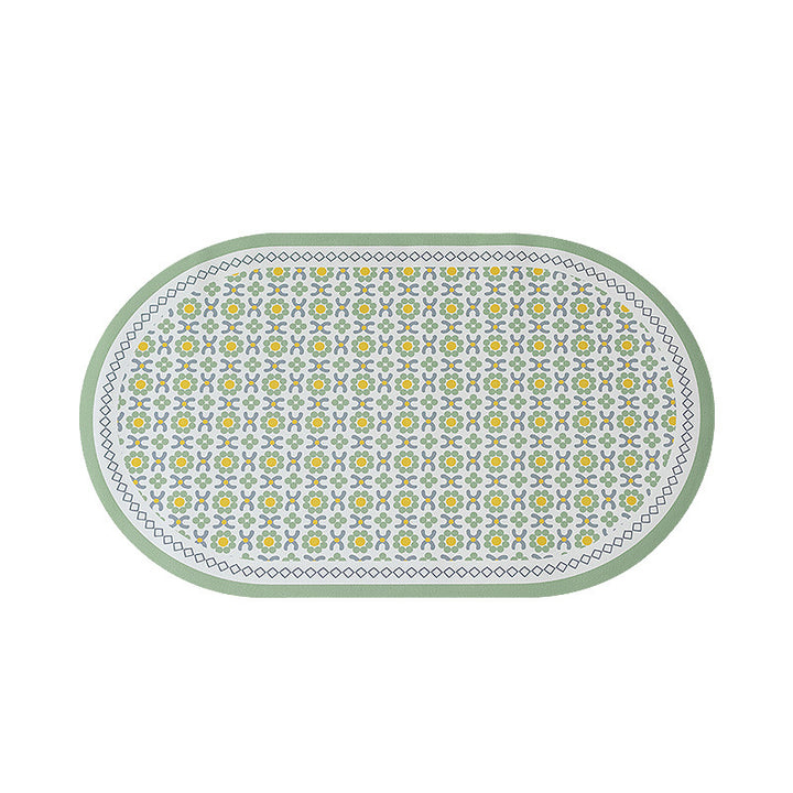 Oval non-slip vinyl mat with fine mosaic print and water-repellent surface