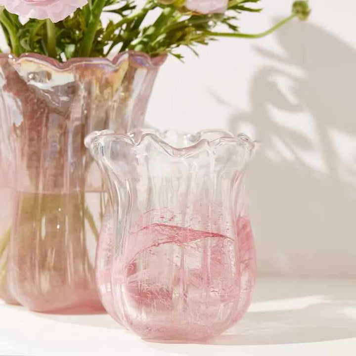 Handcrafted Iridescent Ribbed Tulip-Shaped Glass Vase