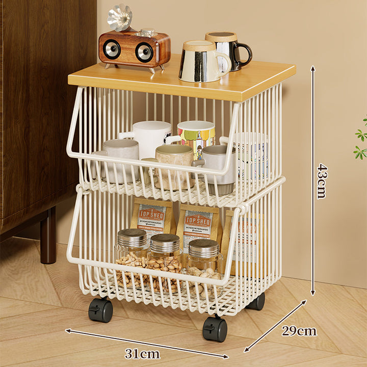 Four-Tier Industrial Wire Basket Cart with Wood Top and Swivel Locking Casters