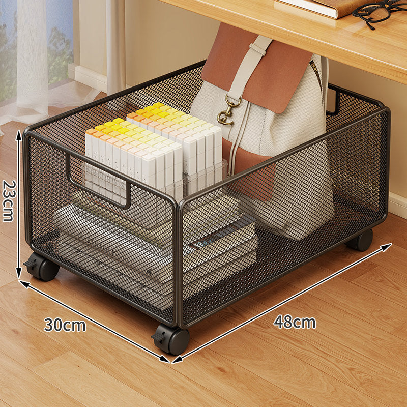 Under-Desk Mesh Rolling Storage Basket with Locking Swivel Casters and Integrated Carry Handle
