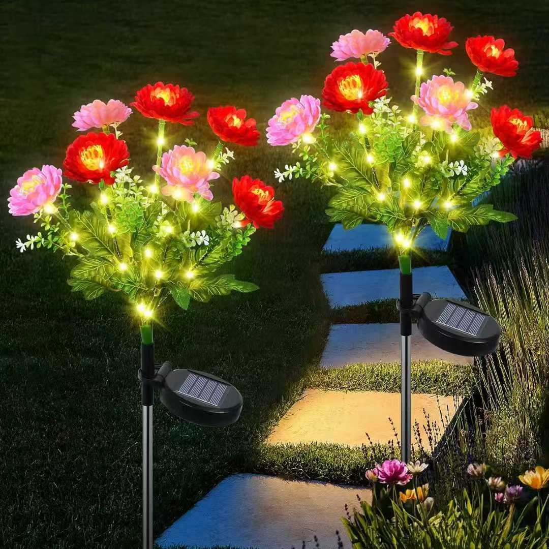 Solar-powered decorative garden stele with lifelike ranunculus bouquet