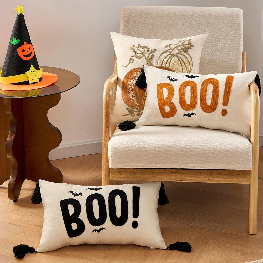 Halloween BOO Cotton-Linen Lumbar Accent Pillow Cover with Corner Tassels