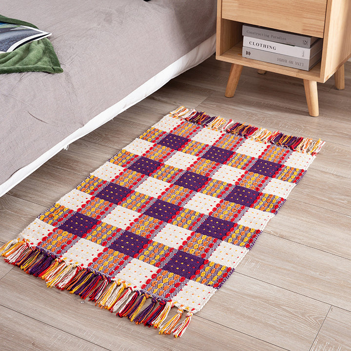 Striped cotton doormat with non-slip bottom and decorative woven edge