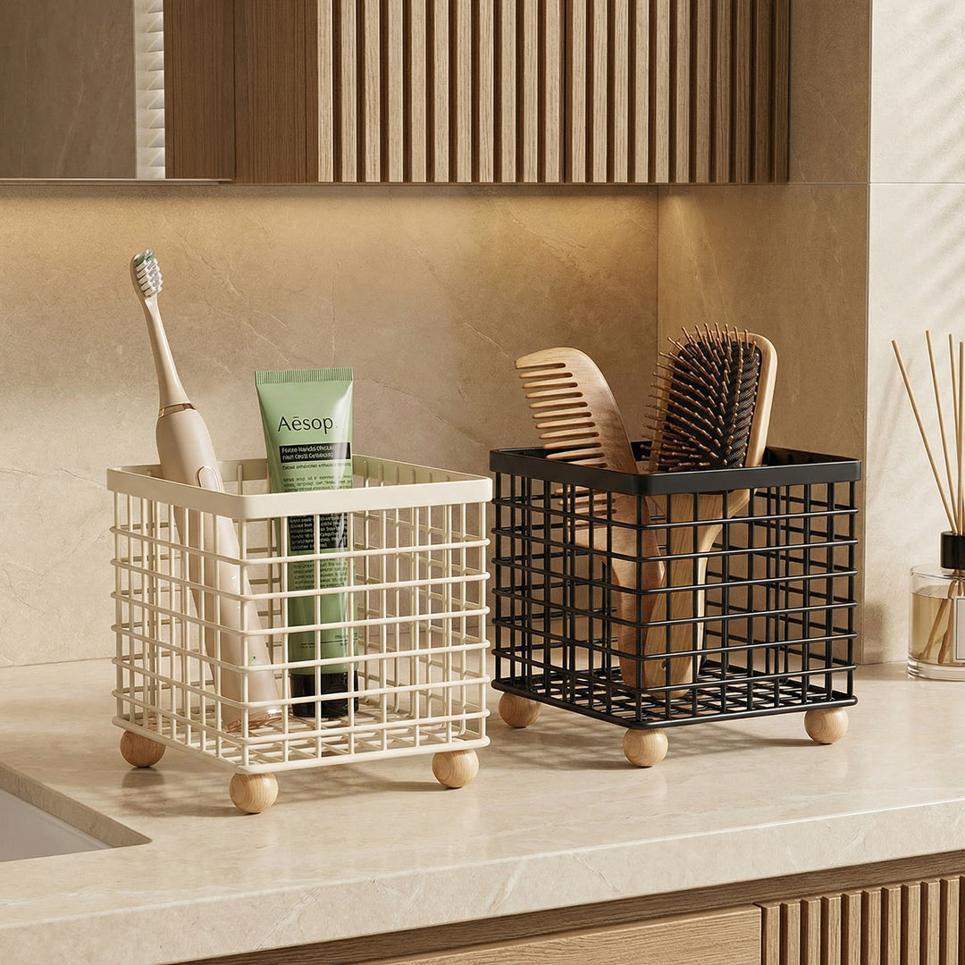 Wire Mesh Toothbrush & Tube Holder with Raised Wooden Feet