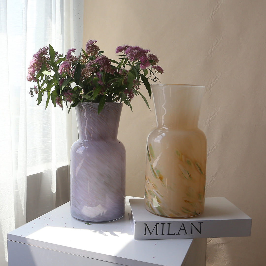 Hand-Blown Swirled Glass Tall Cylinder Vase with Flared Neck Centerpiece
