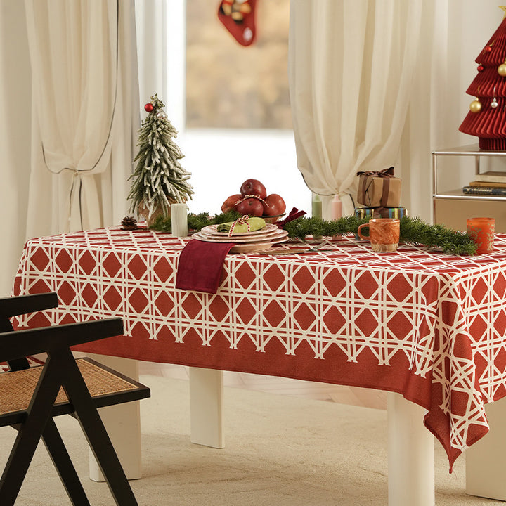 Rectangular festive tablecloth made of cotton blend fabric with geometric grid relief and stain-resistant surface