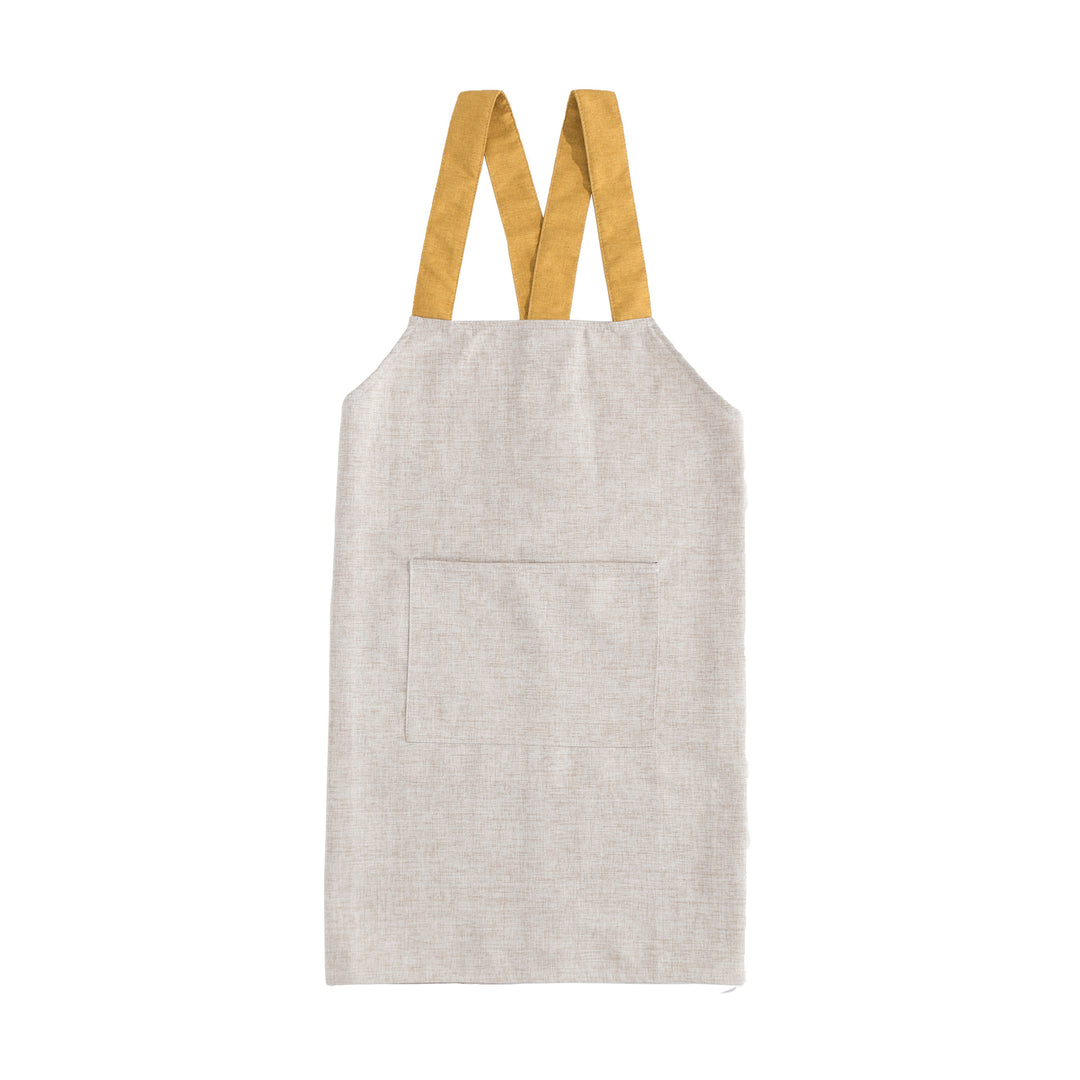 Adjustable canvas apron with wide contrast straps and applied front pocket