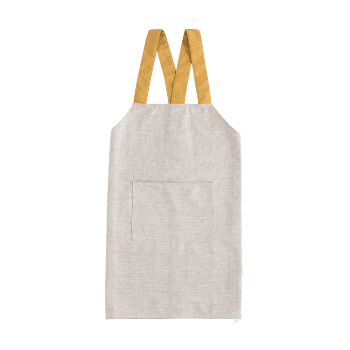 Adjustable canvas apron with wide contrast straps and applied front pocket