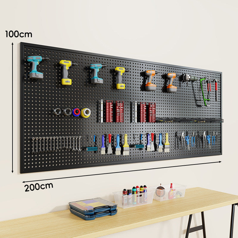 Wall-Mounted Perforated Metal Tool Pegboard Organizer Panel with Modular Hooks and Wire Baskets