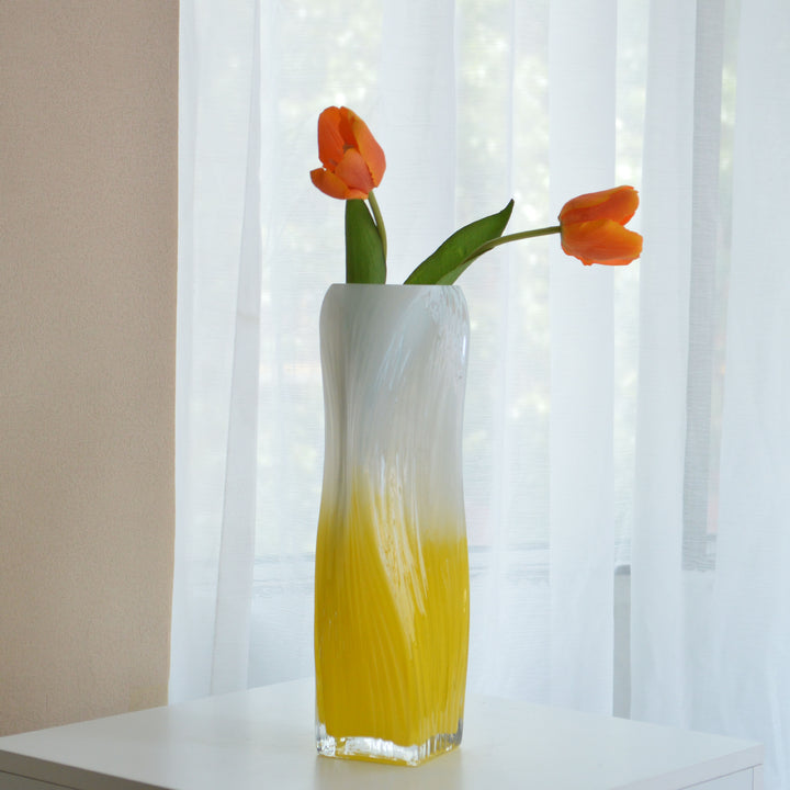 Hand-Blown Tall Ombre Ribbed Glass Floor Vase