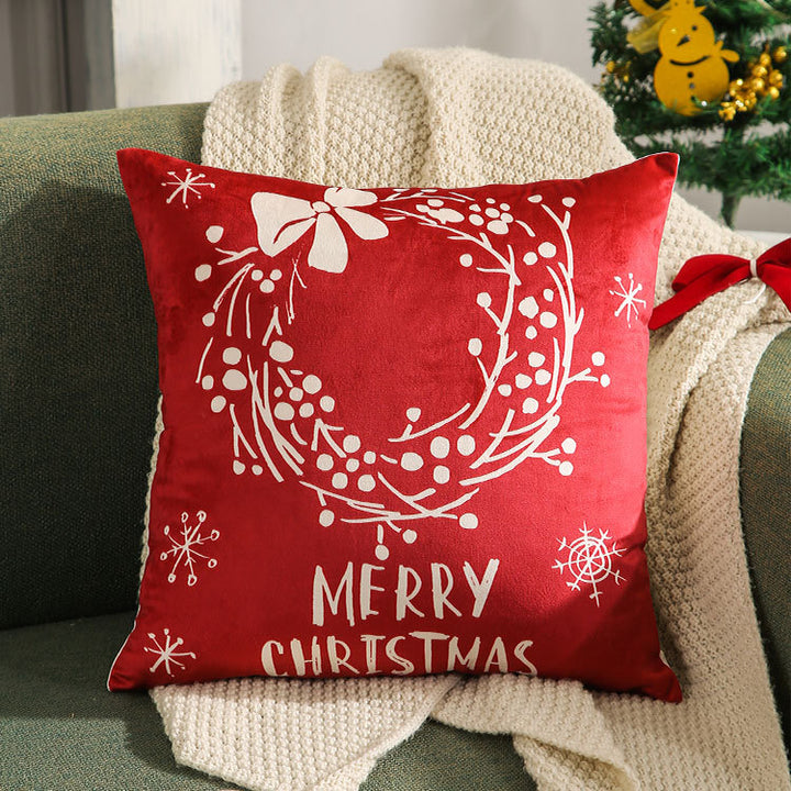 Festive Velvet Square Throw Pillow Cover with Snowman Seasonal Script