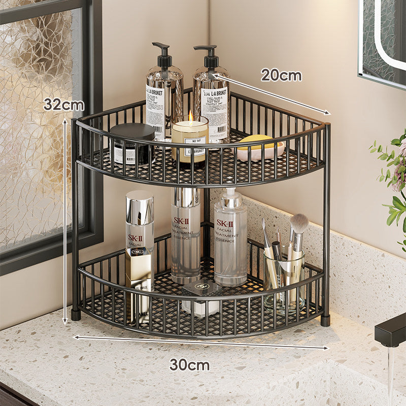 Two-Tier Corner Mesh Metal Bathroom Countertop Organizer Shelf with Raised Guard Rails