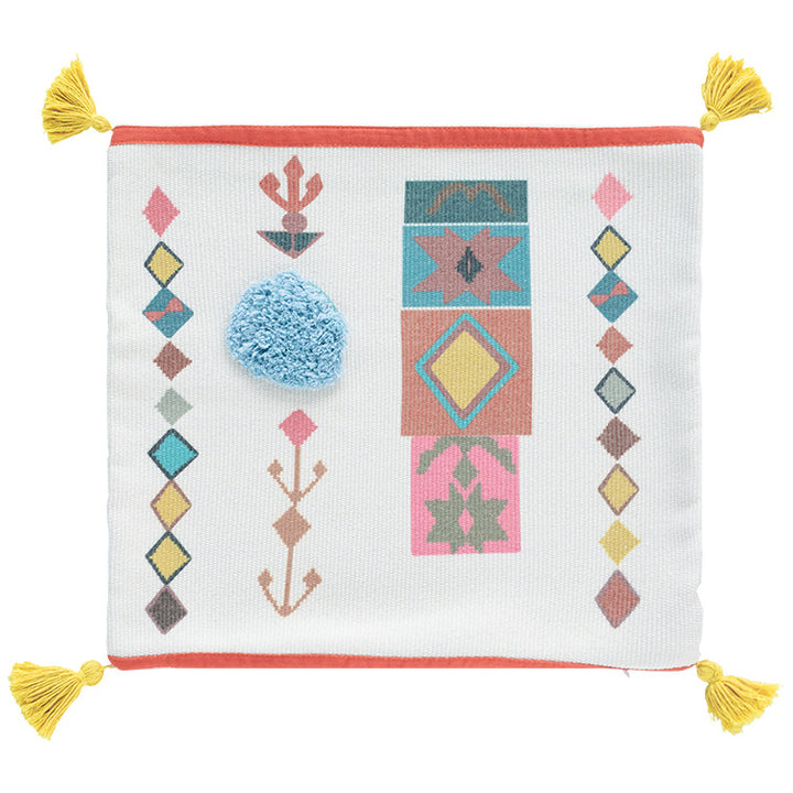Square Boho decorative pillow with crocheted pom-pom and decorative corner tassels