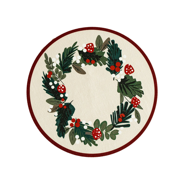 Round wipeable placemat with Christmas wreath and tartan print