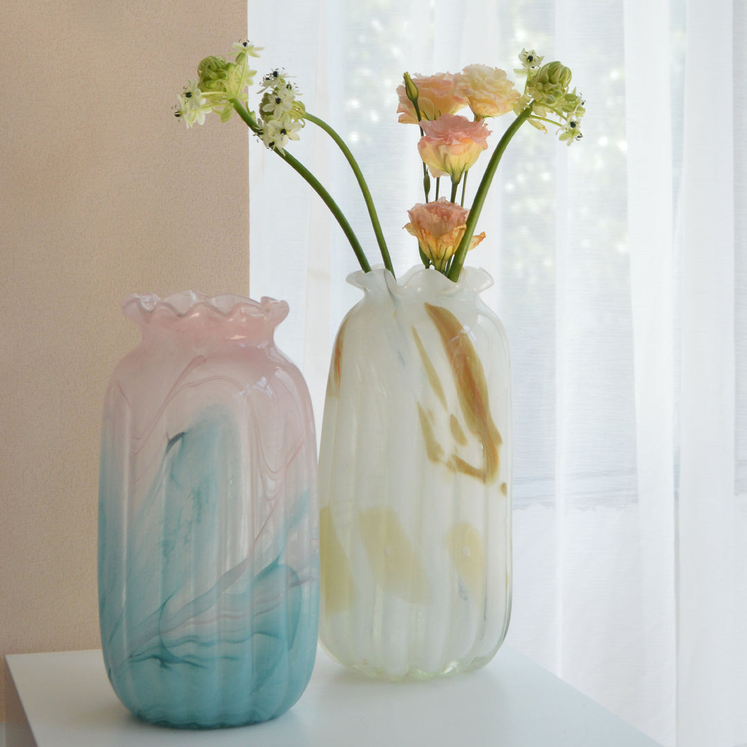 Hand-Blown Marbled Tall Glass Vase with Ruffled Lip and Sculpted Swirl Pattern
