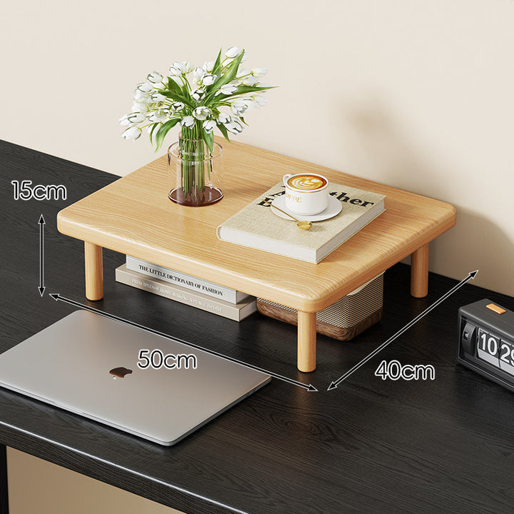 Compact Solid Wood Elevated Desk Display Stand with Under-Shelf Storage and Rounded Leg Design