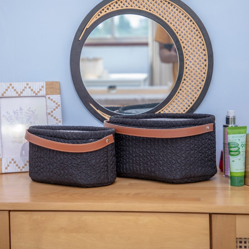 Elegant storage basket with faux leather handle