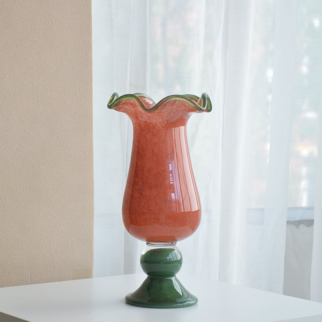 Hand-Blown Tall Flared-Wave Rim Sculptural Glass Vase on Stacked Orb Pedestal