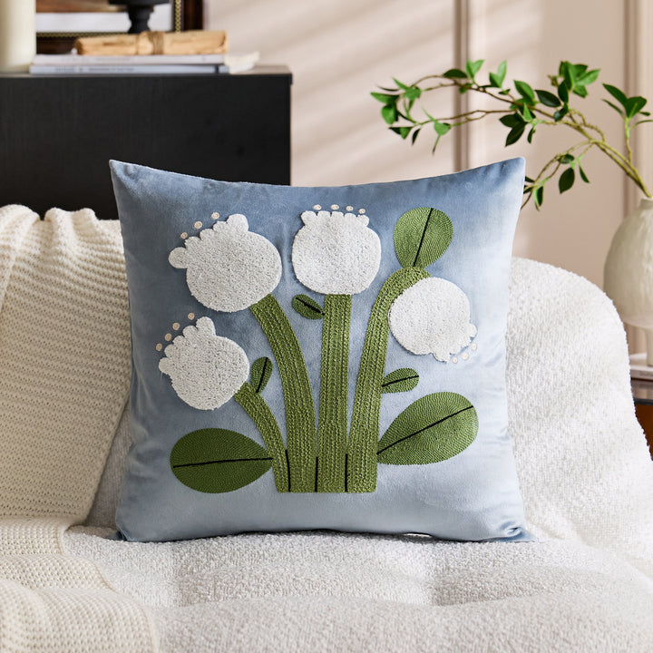 Square Velvet Appliqué Tufted Floral Accent Throw Pillow