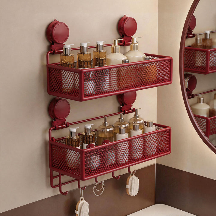 Wall-Mounted Suction Mesh Bathroom Organizer Shelf with Multi-Hook Rack