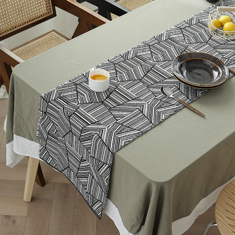 Modern cotton table runner with geometric line jacquard