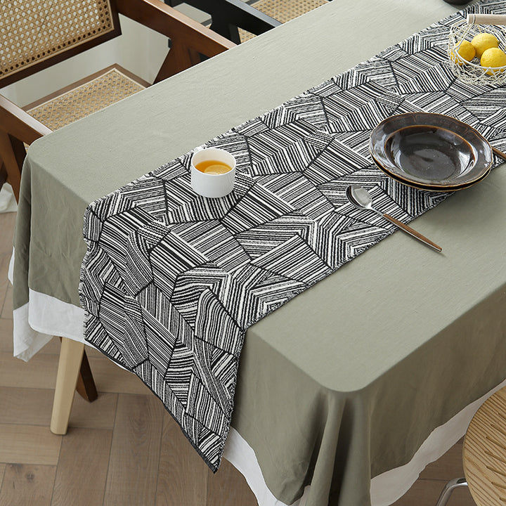 Modern cotton table runner with geometric line jacquard