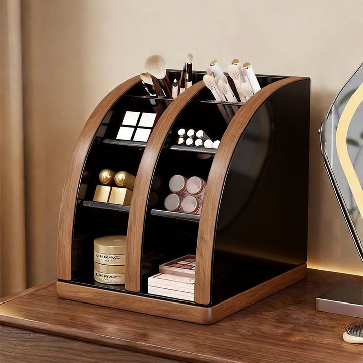 Wooden Tiered Vanity Makeup Organizer with Vertical Compartments and Removable Acrylic Shelves