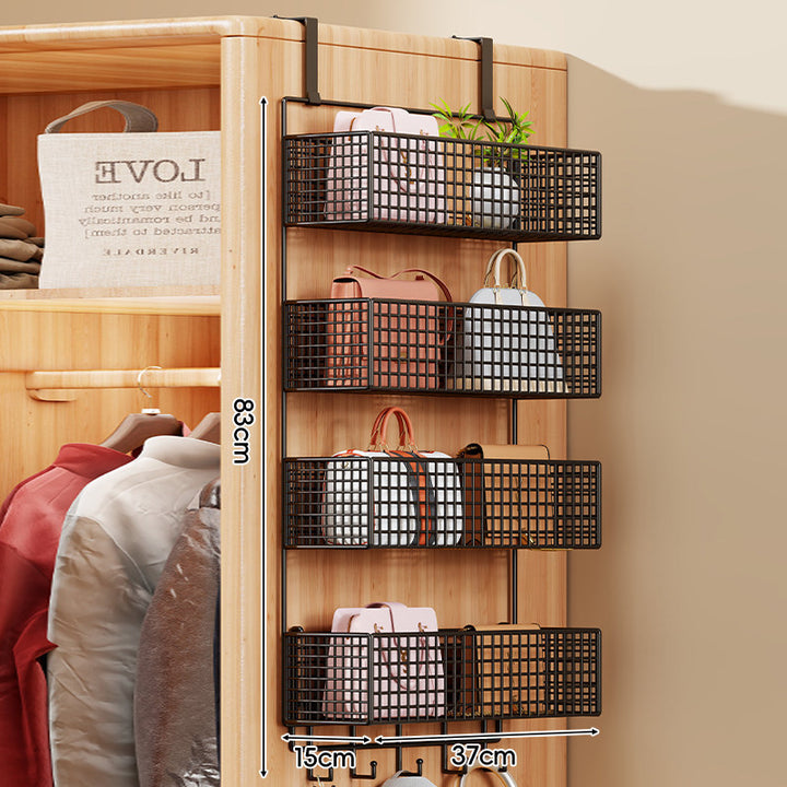 Over-Door Four-Tier Metal Mesh Hanging Storage Organizer with Integrated Hooks