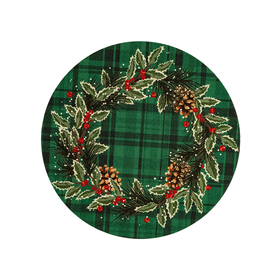 Round wipeable placemat with Christmas wreath and tartan print