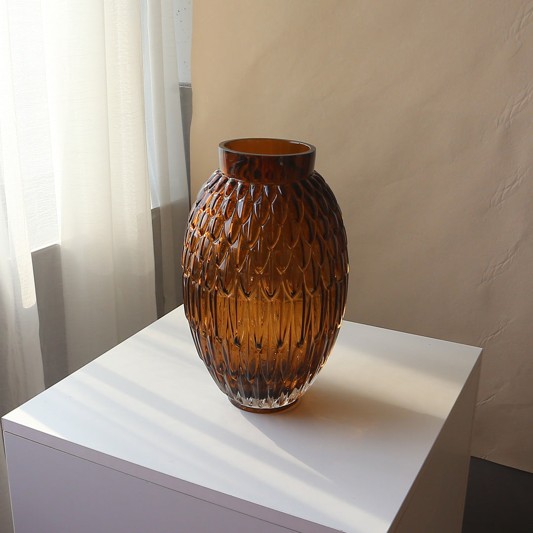 Hand-Blown Textured Glass Tabletop Vase with Scalloped Oval Motif