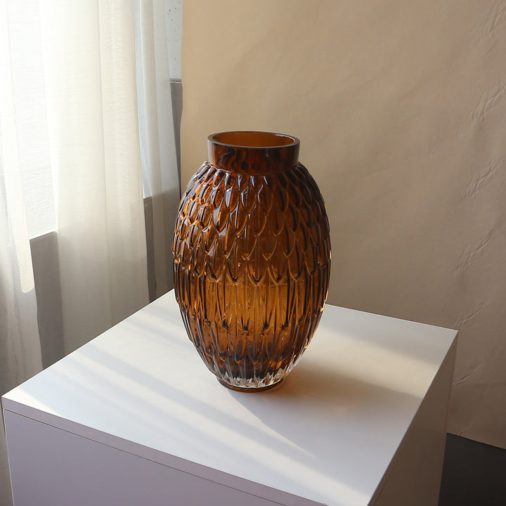 Hand-Blown Textured Glass Tabletop Vase with Scalloped Oval Motif