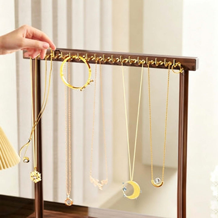 Wooden Vertical Necklace and Bracelet Display Stand with Multiple Hooks and Weighted Base