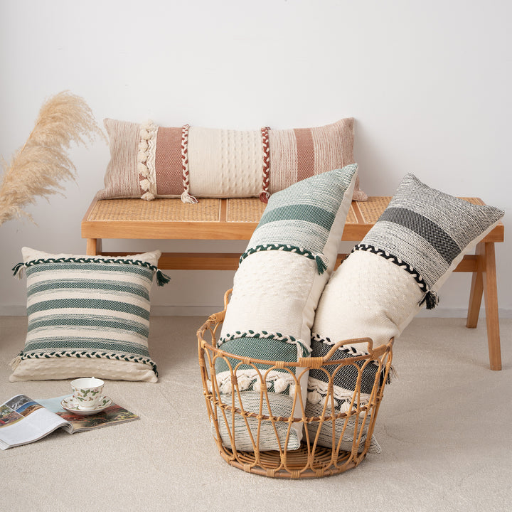 Rectangular Boho Lumbar Pillow with Braided Ties and Tassels
