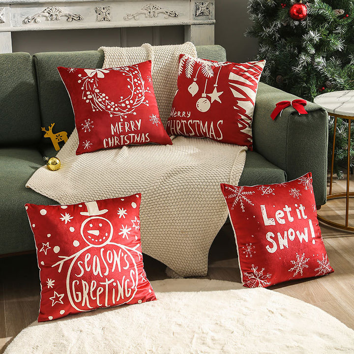 Festive Velvet Square Throw Pillow Cover with Snowman Seasonal Script