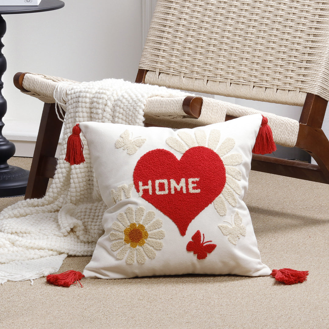 Plush Heart Appliqué Tassel Corner Decorative Throw Pillow Cover