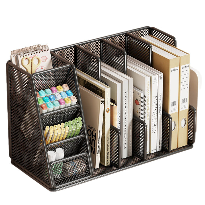 Mesh Desktop Organizer with Multi-Compartment Book Binder and Pen Rack