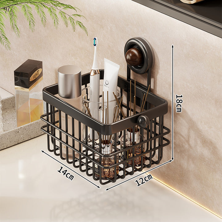 Suction-Mounted Rectangular Bathroom Vanity Organizer Basket with Drainage Grid and Removable Cup