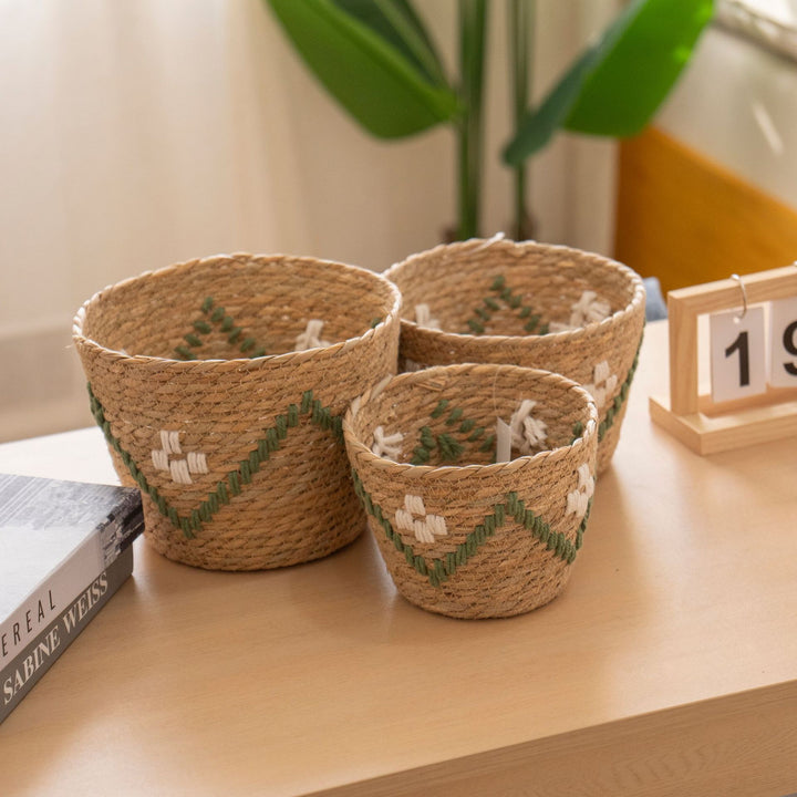 Handwoven storage basket with colorful accents