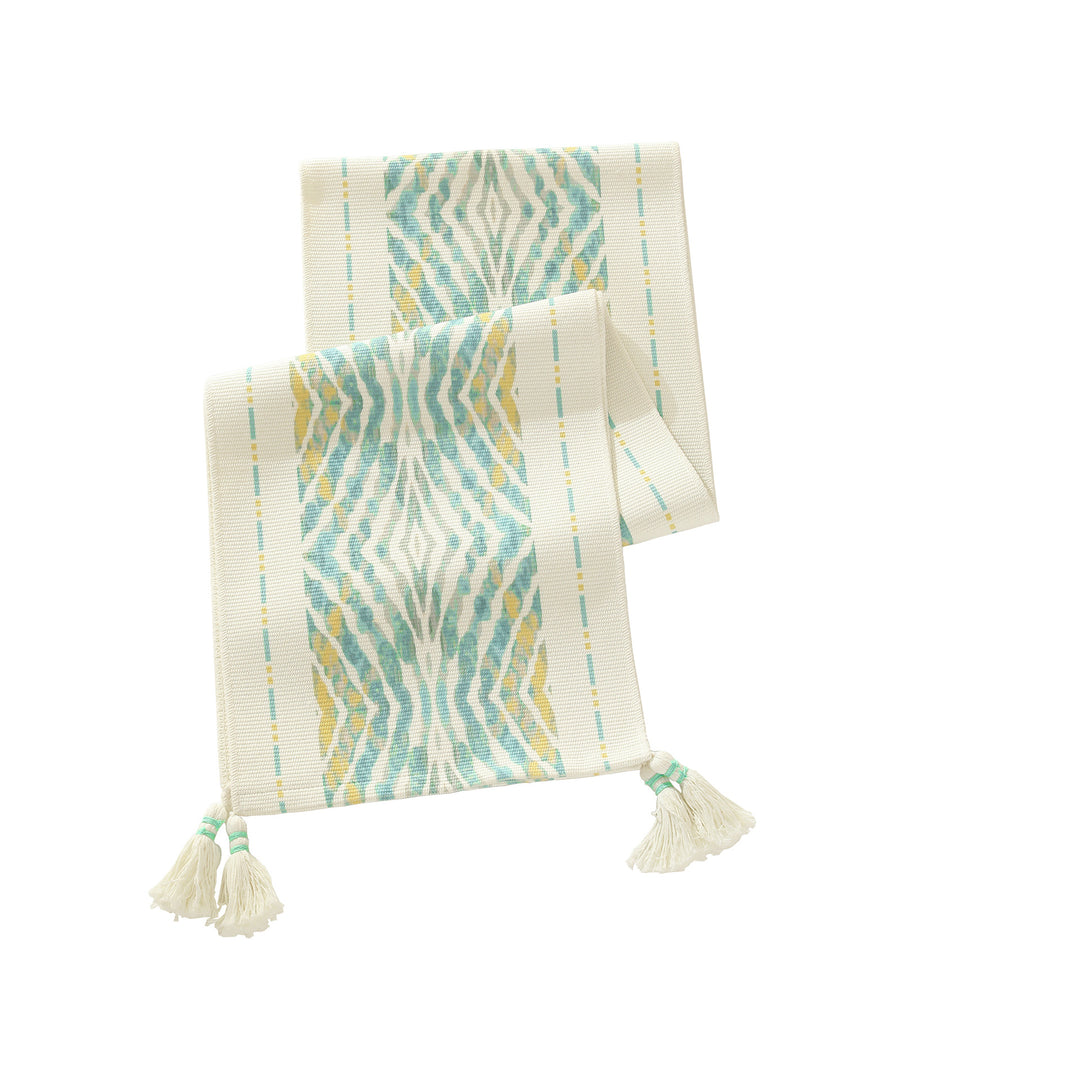 Handwoven decorative table runner with Ikat jacquard and tassels