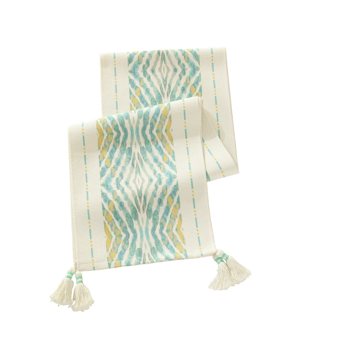 Handwoven decorative table runner with Ikat jacquard and tassels