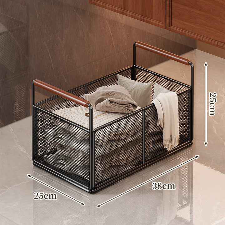 Compact Mesh Rolling Storage Cart with Wooden Handles