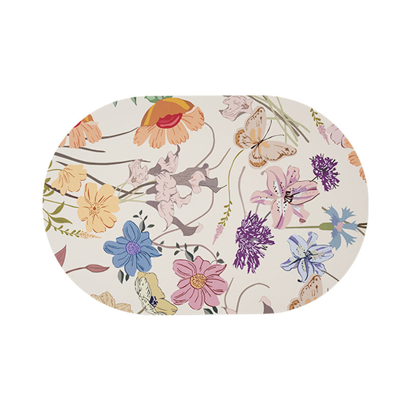 Oval wipeable table set made of vinyl with floral retro pattern and non-slip back