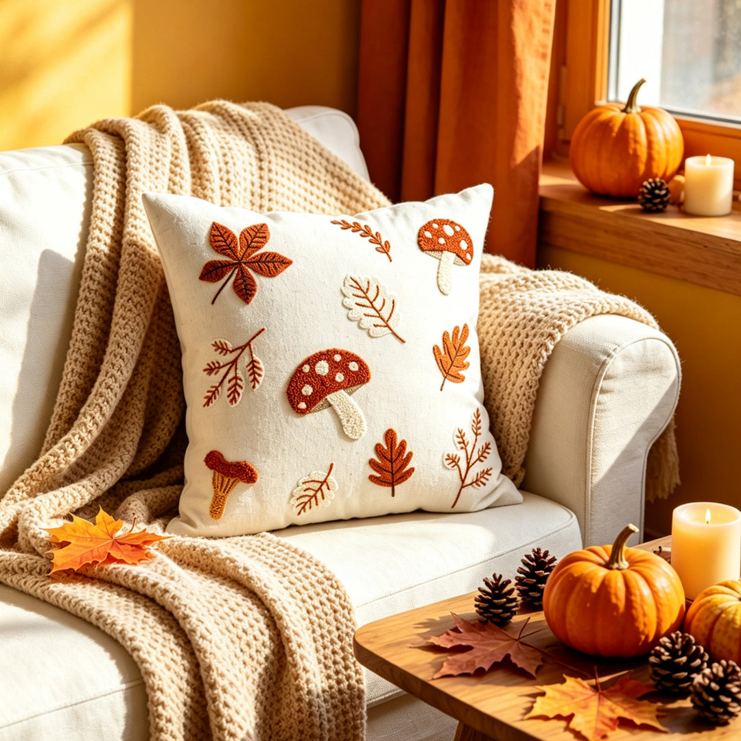 Embroidered Autumn Throw Pillow Cover with Mushroom and Leaf Appliqué