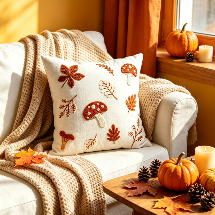 Embroidered Autumn Throw Pillow Cover with Mushroom and Leaf Appliqué