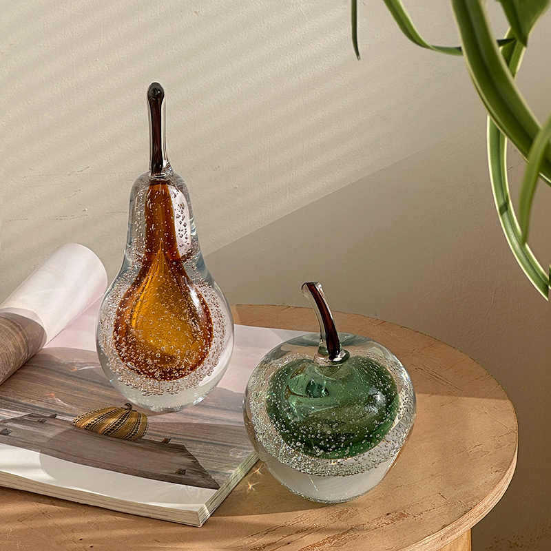Handblown Art Glass Pear Paperweight with Encased Air Bubbles