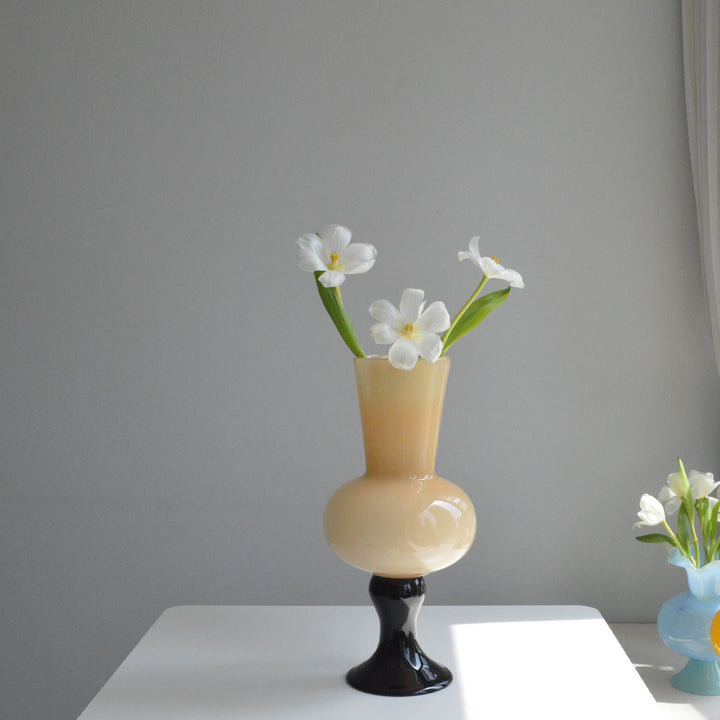 Contemporary Hand-Blown Bulbous Pedestal Glass Vase with Elongated Trumpet Neck